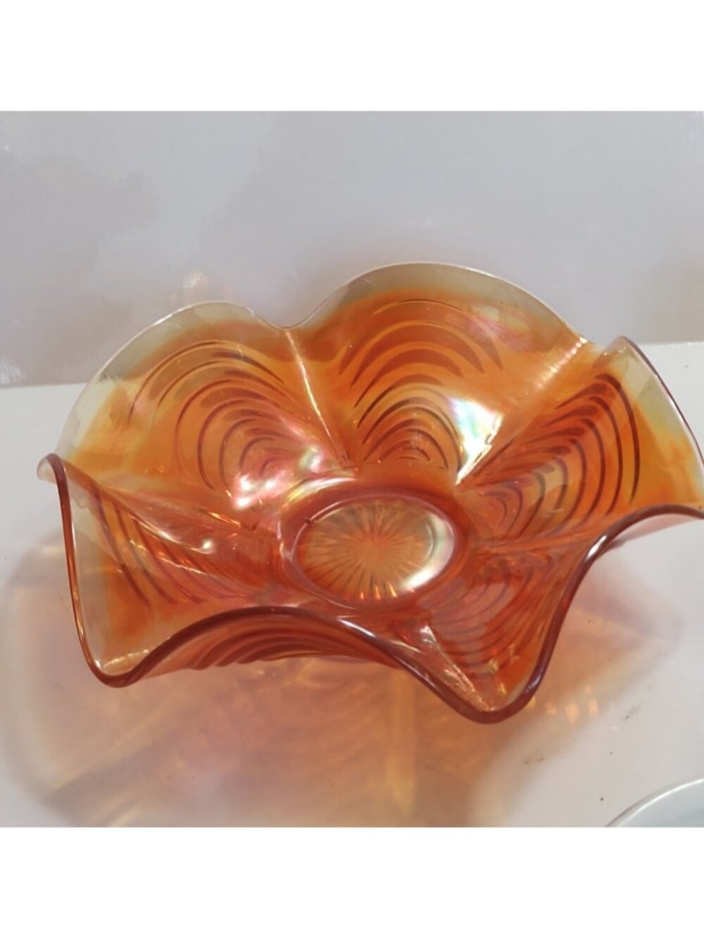 Vintage Fenton Handmade Marigold 9" Carnival Glass Peacock Pattern Ruffled edge
